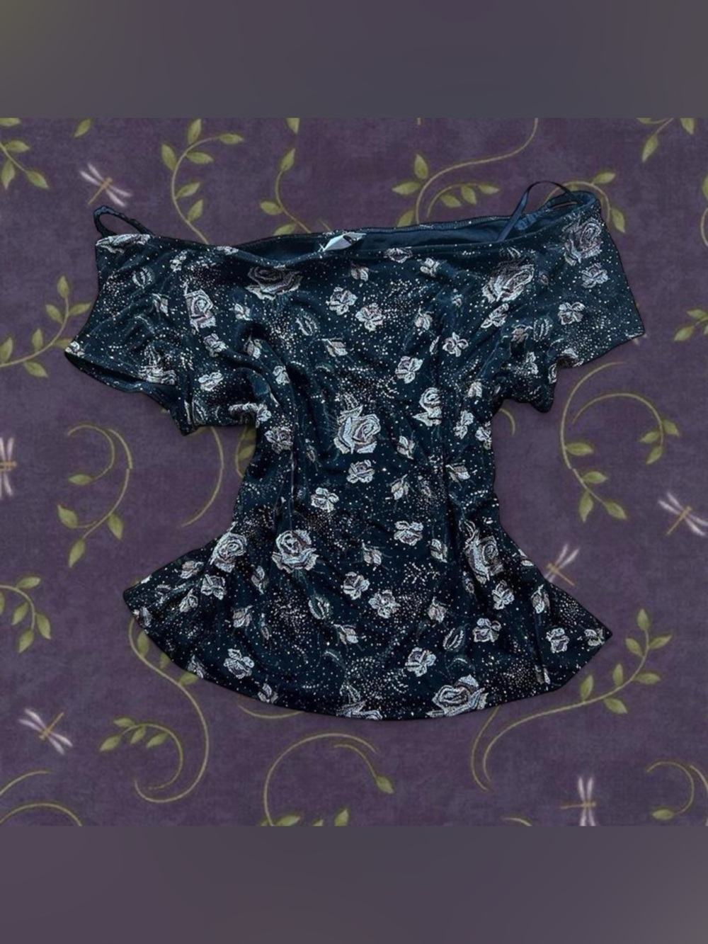 Vintage Y2K XScape by Joanna Chen Off-Shoulder Black Floral Peplum Top